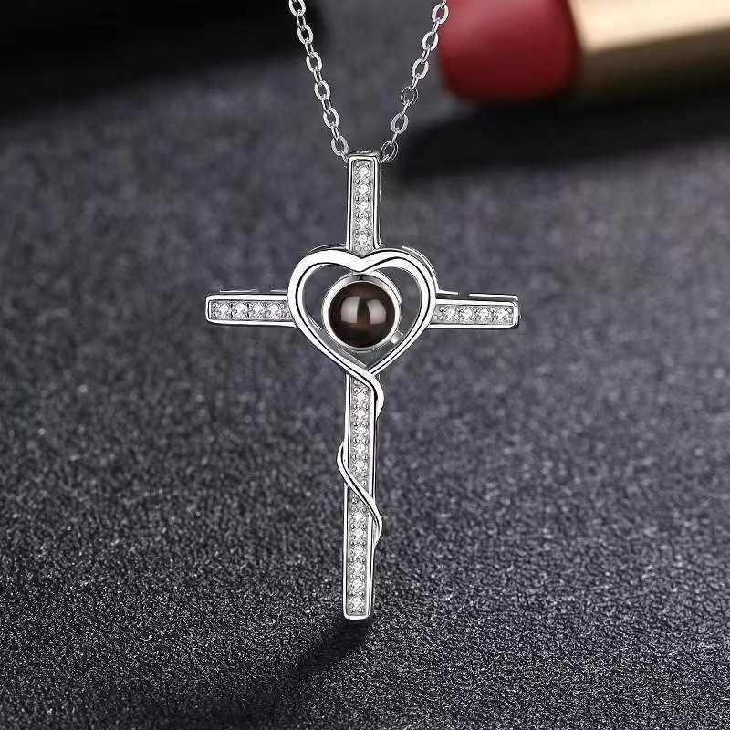 Cross-Border New 100 Languages I Love You Nano Projection Necklace for Men and Women Fashion Simple Cross Necklace