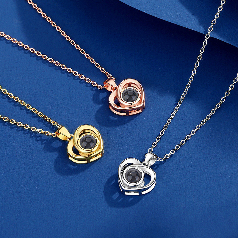Heart-Shaped Projection Colorful Necklace for Women 100 Languages I Love You Pendant Collarbone Chain Custom Wholesale