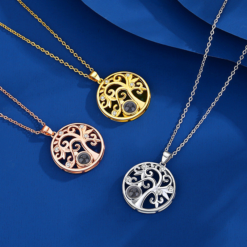 European and American Cross-Border Love Tree 100 Languages I Love You Projection Necklace Pendant with Diamond Inlay Personalized Color Photo Customization