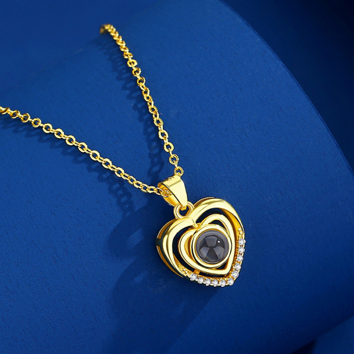 Cross-Border Hot-Selling Collarbone Chain 100 Languages I Love You Projection Necklace for Women Double-Layer Heart Inlaid with Diamonds Customizable