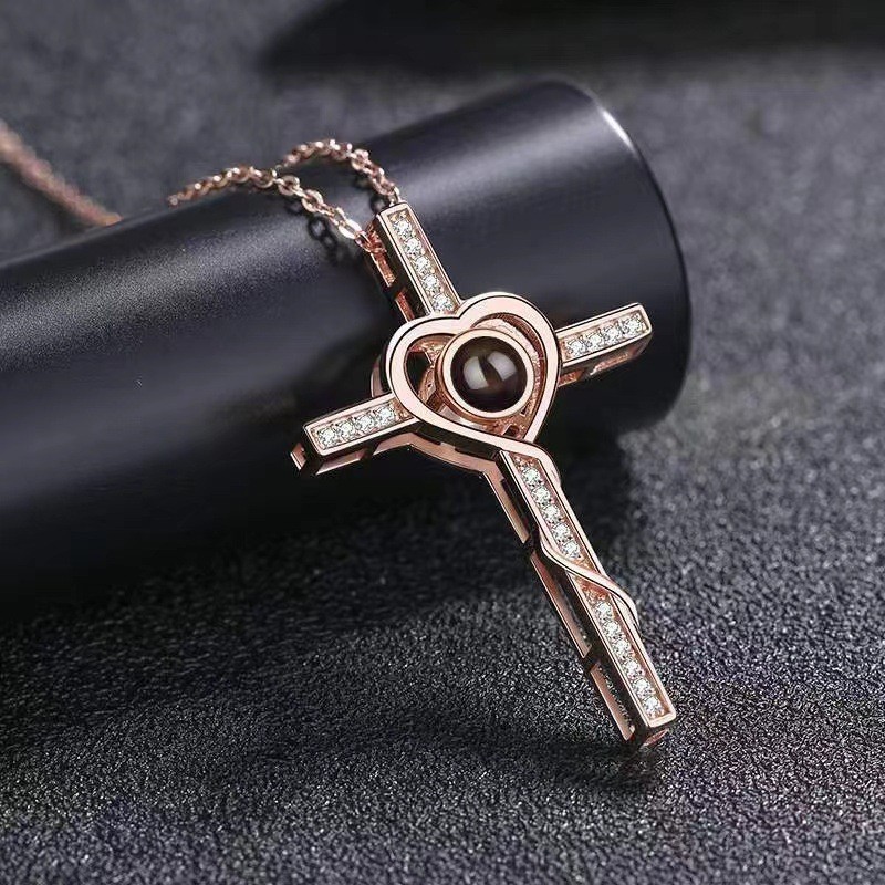 Cross-Border New 100 Languages I Love You Nano Projection Necklace for Men and Women Fashion Simple Cross Necklace
