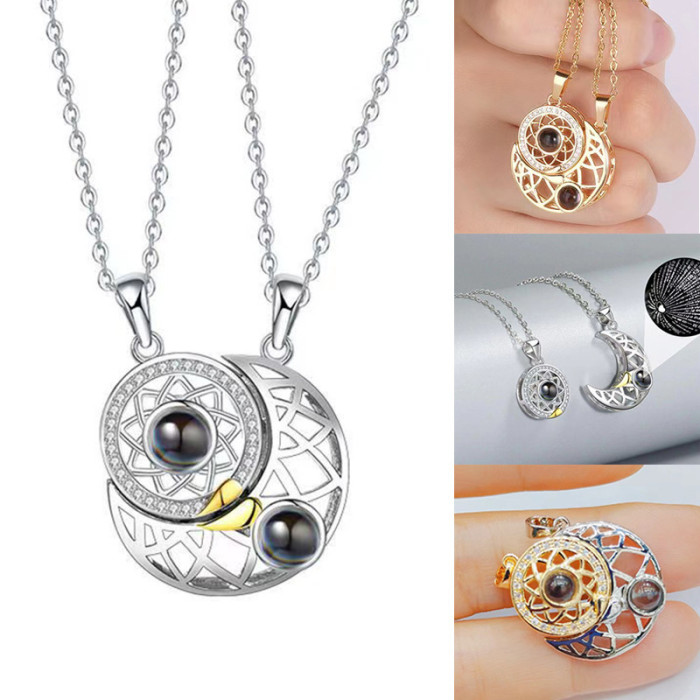 Couple Necklaces Pair Men Trendy Women Student Love Memory Projection Sun Moon Star Pendant Splicing Attraction Collarbone Chain