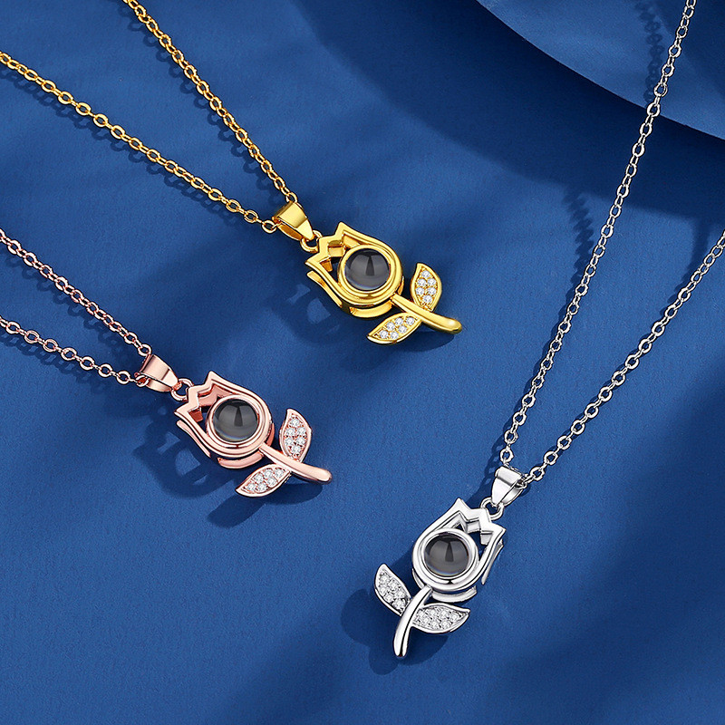 100 Languages I Love You New Rose Flower Projection Necklace High-end Light Luxury Versatile Pendant Custom Color Photo