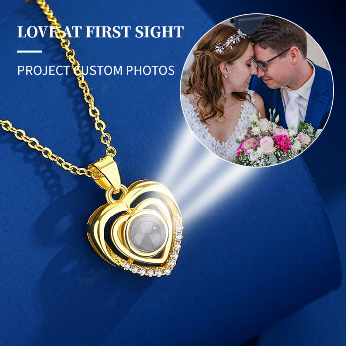 Cross-Border Hot-Selling Collarbone Chain 100 Languages I Love You Projection Necklace for Women Double-Layer Heart Inlaid with Diamonds Customizable
