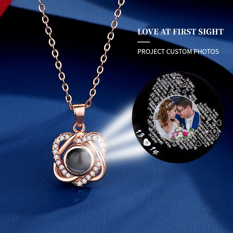 Double Heart Peach Heart Love Necklace Projection 100 Languages Color Photo Micro Engraving Text Gift Cross-Border Trade