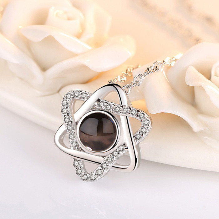 Kuaishou Influencer Same Style Hexagram Projection Pendant for Women 100 Languages I Love You Double Heart Collarbone Chain