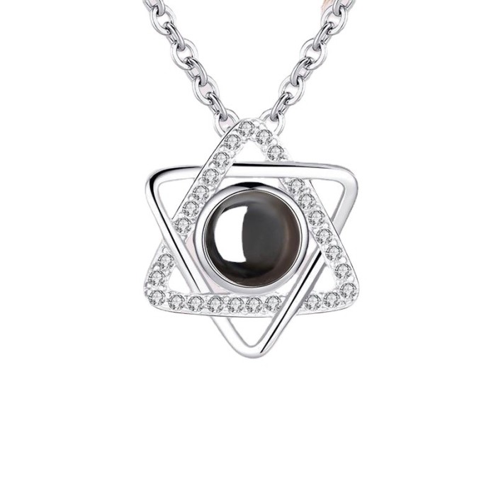 Cross-Border Hexagram Necklace for Women Clavicle Chain 100 Languages Projection Pendant Micro-Engraved Color Image Photo Text Customization