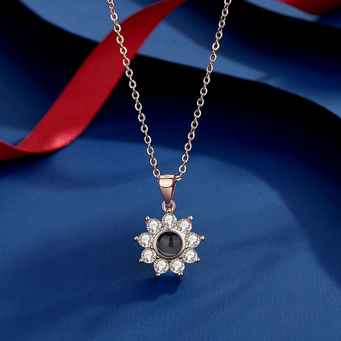 Snowflake Projection Necklace for Women Simple Inlaid Diamond Sunflower Colorful Photo Micro Engraving Pendant Necklace Wholesale