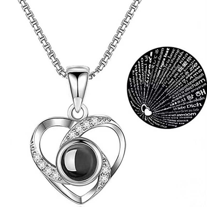 Cross-Border Heart-Shaped Projection Necklace for Women Silver-Plated Pendant 100 Languages I Love You Collarbone Chain TikTok Same Style