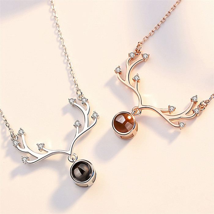 Projection 100 Languages I Love You Necklace for Women, With You All the Way Antler Pendant Collarbone Chain Gift for Girlfriend