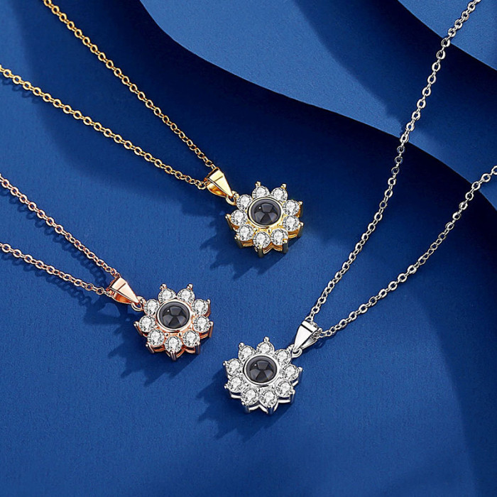 Snowflake Projection Necklace for Women Simple Inlaid Diamond Sunflower Colorful Photo Micro Engraving Pendant Necklace Wholesale