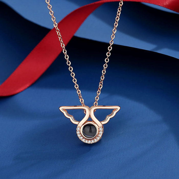 Angel Wings Projection Necklace with 100 Languages  I Love You  Fashion Collarbone Chain Wholesale