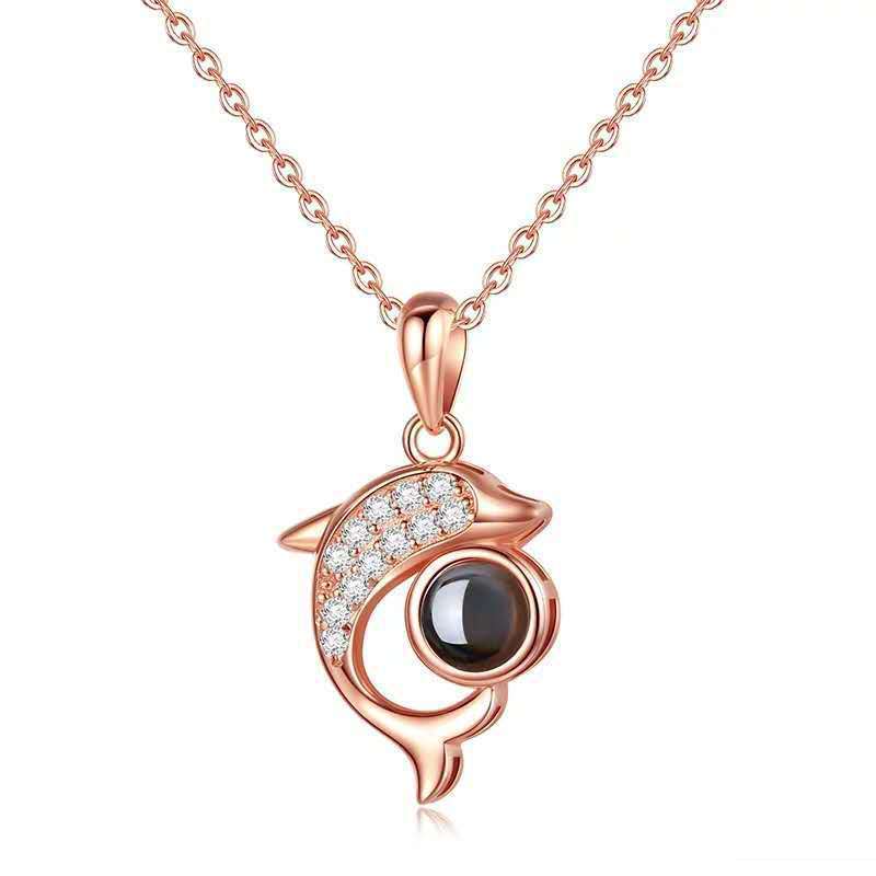 Dolphin Necklace for Women Trendy Internet Celebrity TikTok Projection Custom 100 Languages I Love You Language Collarbone Chain Gift for Girlfriend