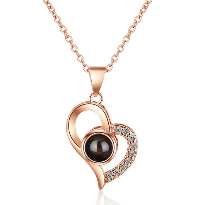 TikTok Same Style Memory Necklace for Women 100 Languages I Love You Projection Heart Pendant Short Clavicle Chain Necklace