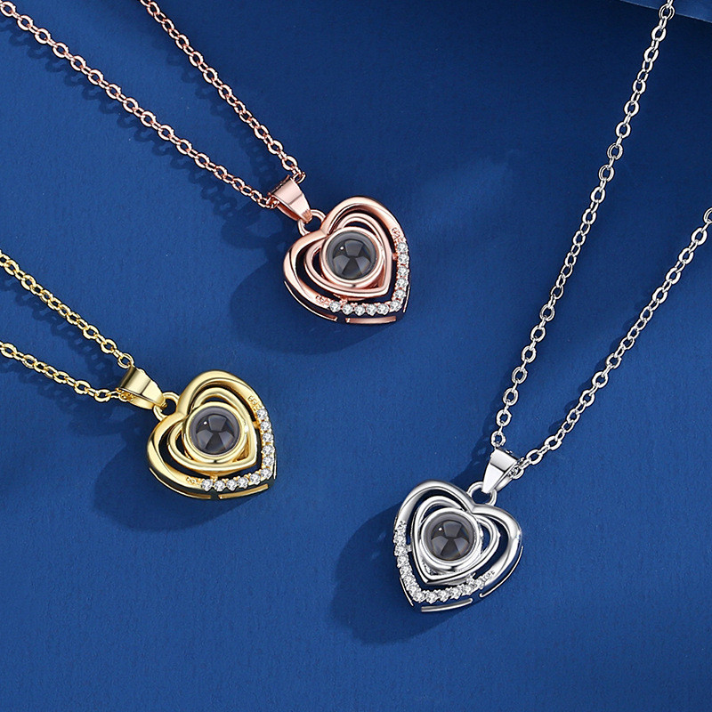 Cross-Border Hot-Selling Collarbone Chain 100 Languages I Love You Projection Necklace for Women Double-Layer Heart Inlaid with Diamonds Customizable