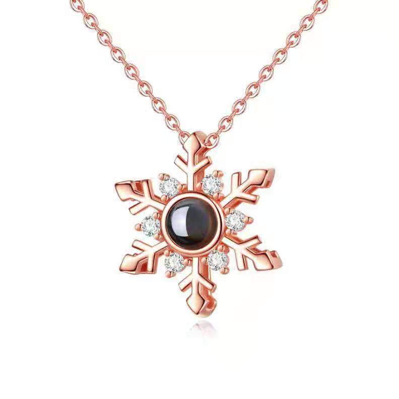 Amazon New Couple Collarbone Chain Fashion Simple Elegant 100 Languages I Love You Snowflake Projection Necklace