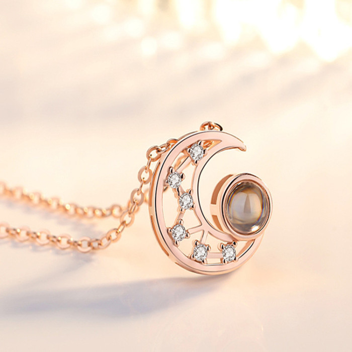 TikTok Influencer Same Style Love Memory Niche 100 Languages I Love You Hollow Moon Projection Couple Necklace