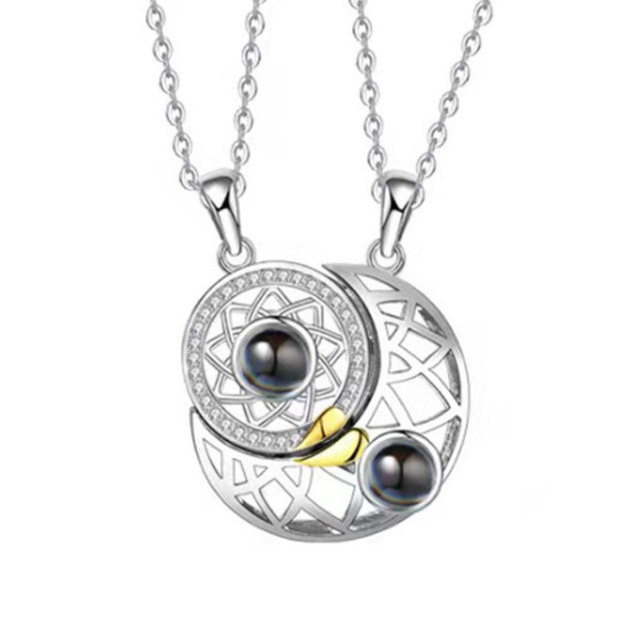 Sun and Moon Projection Necklace Cross-Border New Model 100 Languages I Love You Couple Necklace Micro-Engraved Text Photo Color Photo