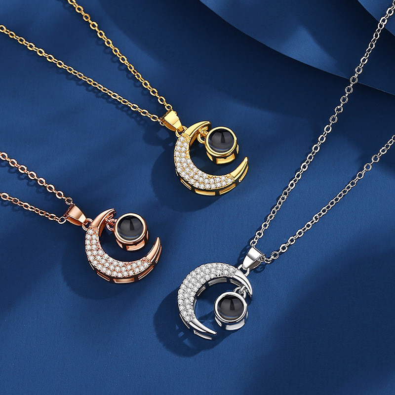 Cross-Border Versatile Unique Niche One Hundred Languages Moon Projection Necklace Pendant Collarbone Chain Customizable with Colorful Images