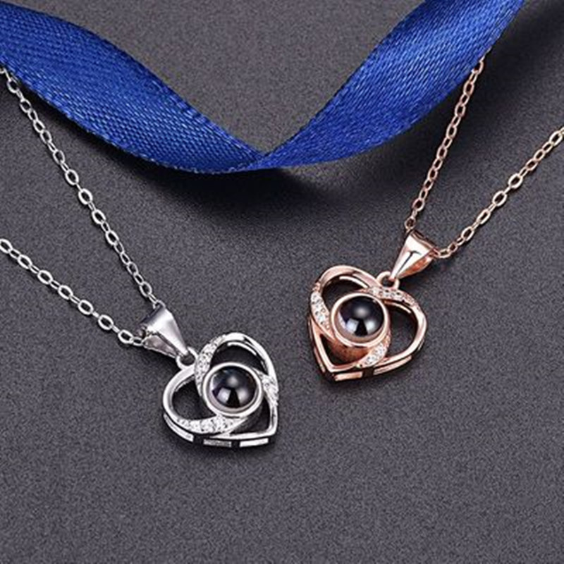 Cross-Border Heart-Shaped Projection Necklace for Women Silver-Plated Pendant 100 Languages I Love You Collarbone Chain TikTok Same Style