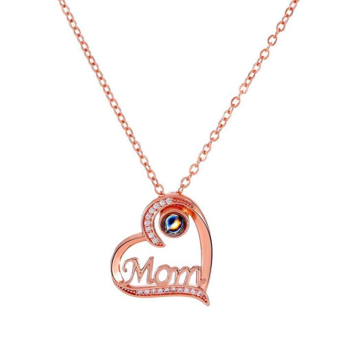 European and American Style Diamond-Encrusted MOM Letter Heart Necklace Fashionable Personality 100 Languages Projection Clavicle Chain Christmas Necklace