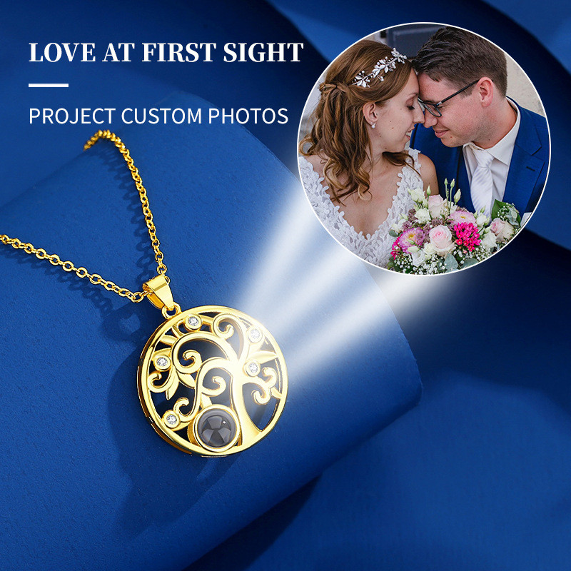 European and American Cross-Border Love Tree 100 Languages I Love You Projection Necklace Pendant with Diamond Inlay Personalized Color Photo Customization