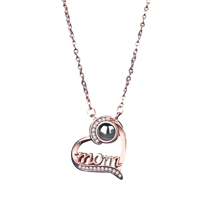 European and American Style Diamond-Encrusted MOM Letter Heart Necklace Fashion 100 Languages Projection Clavicle Chain Jewelry Customizable
