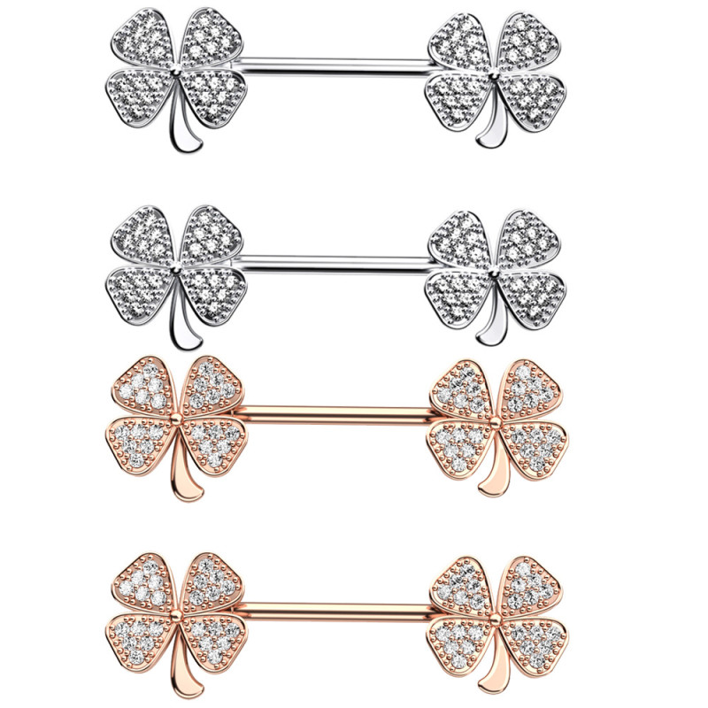 Cross-Border New 4-Leaf Clover Zircon Nipple Rings Nipple Studs Stainless Steel Body Piercing Jewelry Online Wholesale