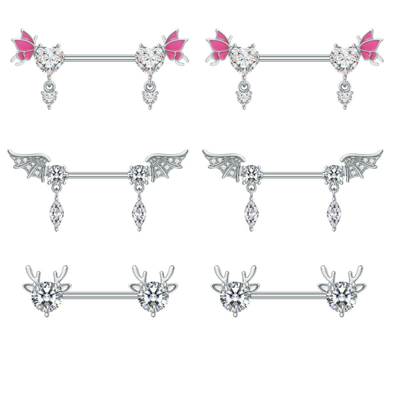 Cross-Border Fashion Stainless Steel Zircon Nipple Rings European and American Trend Oil Drop Heart-Shaped Bat Antlers Zircon Nipple Studs