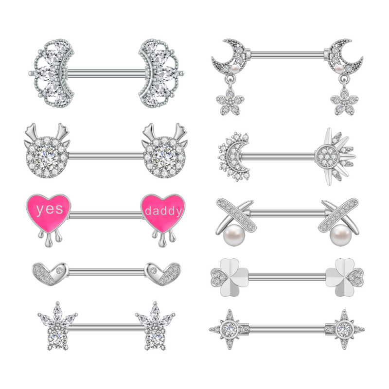 European and American Cross-Border New Stainless Steel Nipple Rings Personalized Fashion Micro-Inlaid Zircon Nipple Rings Oil Nipple Studs Online Wholesale