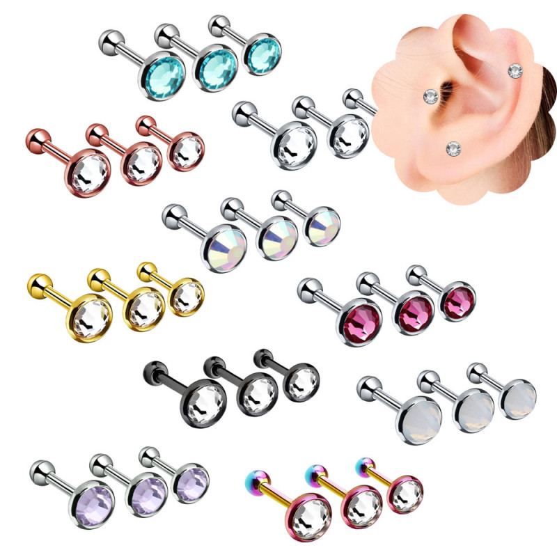 European and American Cross-Border E-commerce 3-Piece Set Stainless Steel Czech Crystal Stud Earrings Ear Bone Piercing (1pcs)
