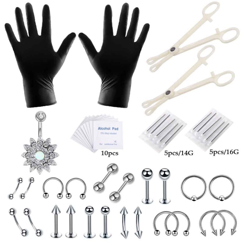 Amazon Popular Piercing Tools 47-Piece Set Lip Studs Eyebrow Studs Ear Studs Navel Rings Cross-Border Tattoo Piercing Manufacturer In Stock