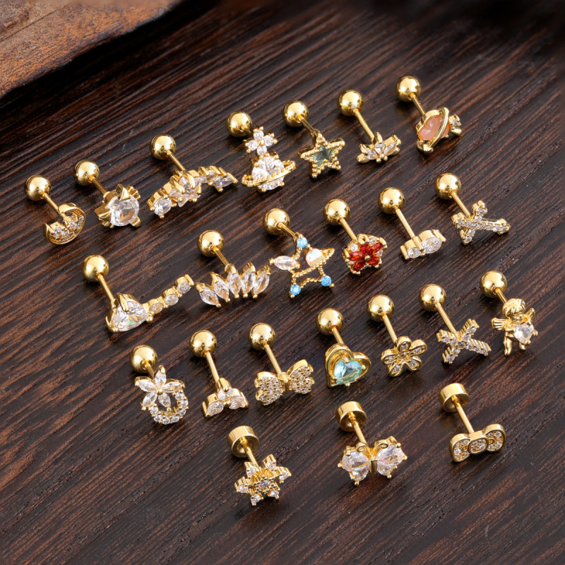 Stainless Steel Rod Copper Micro Inlaid Zircon Ear Bone Studs Exquisite Simple Cross-Border Ear Studs Piercing Jewelry 0.8*6*4mm