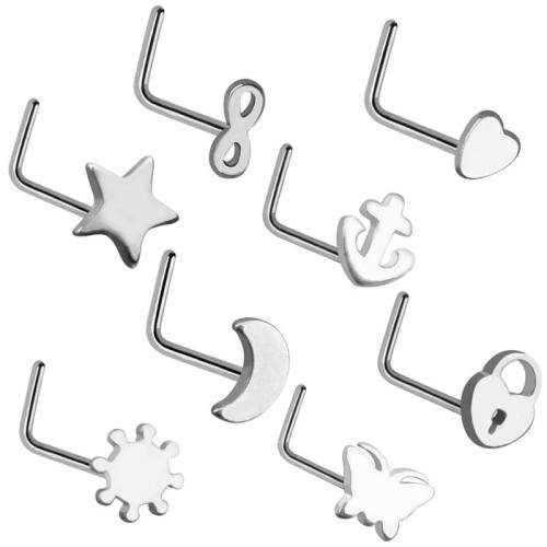Foreign Trade New Stainless Steel Nose Stud 7-Word Nose Ring Piercing Jewelry 8pcs/lot