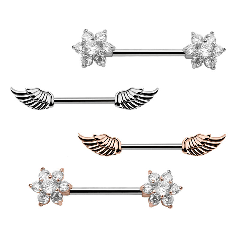 Cross-Border E-commerce Stainless Steel Flower Zircon Nipple Piercing Feather Nipple Ring Piercing Jewelry Online Sale