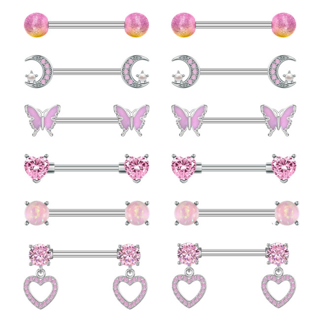 Cross-Border E-commerce New Pink Zircon Nipple Rings Pink Heart-Shaped Zircon Nipple Studs Factory In-Stock Piercing Jewelry Online