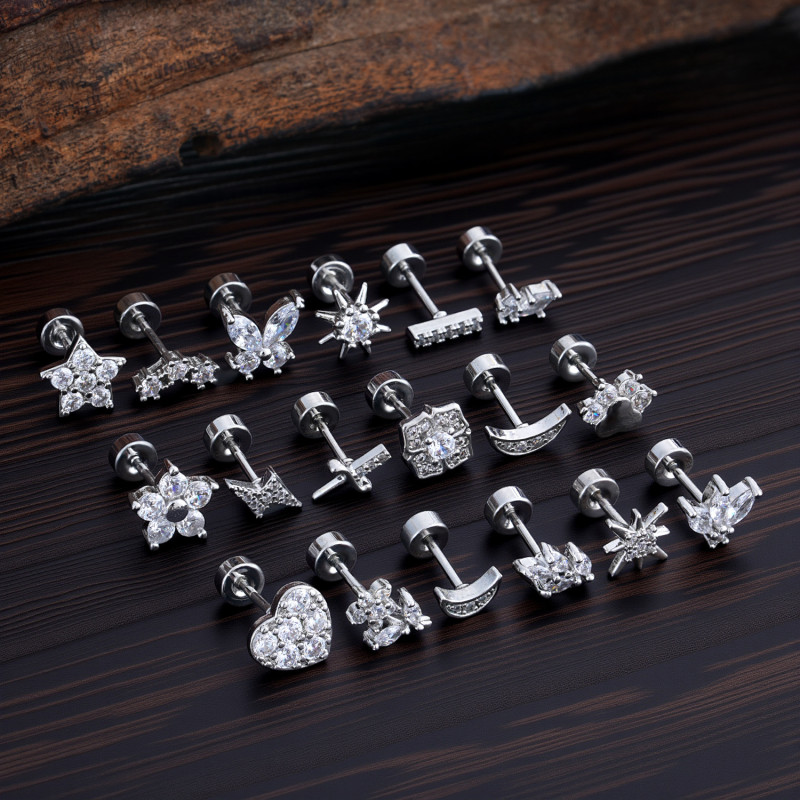 Cross-Border Minimalist Niche Micro Inlaid Zircon Ear Bone Studs Exquisite Real Gold Electroplated Ear Studs Piercing Jewelry 0.8*6*4mm