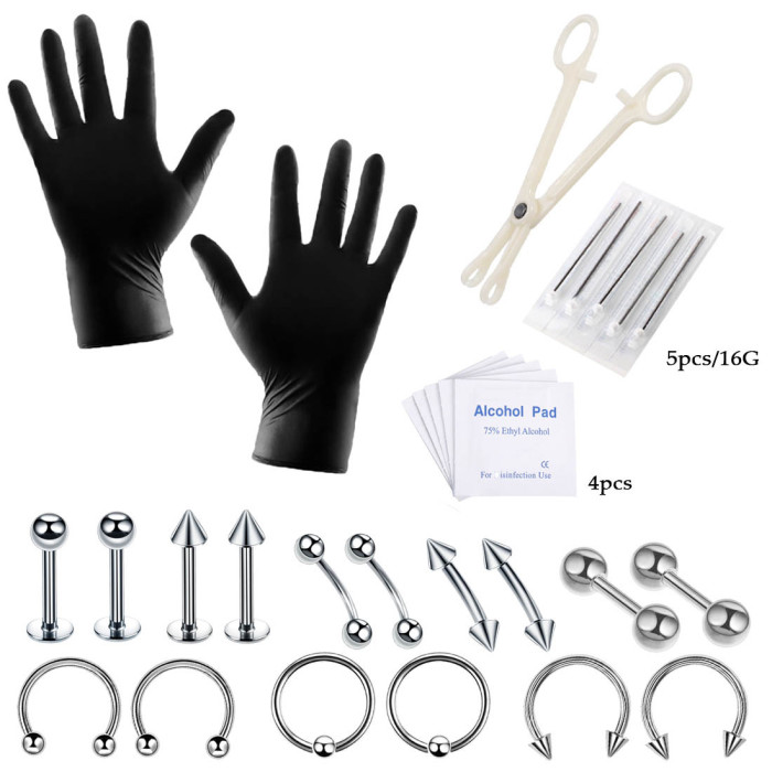 Amazon Piercing Tattoo Tool Set 28 Pieces Lip Studs Eyebrow Studs Ear Studs Body Piercing Cross-Border Exclusive Manufacturer Direct Sale