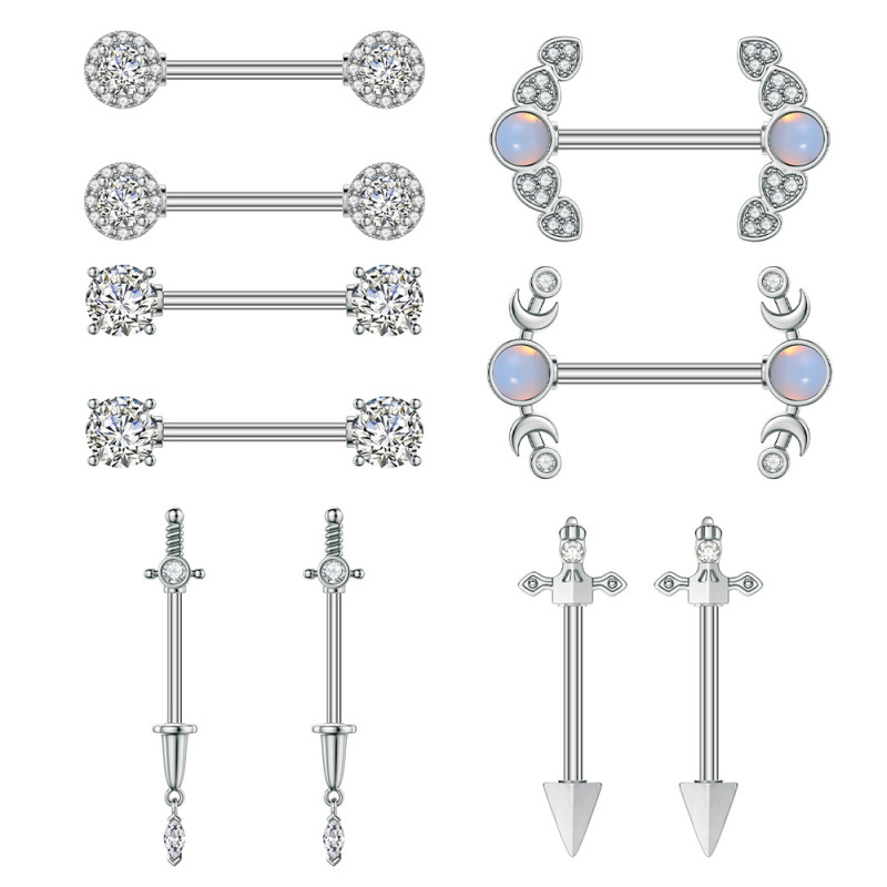 Cross-Border E-commerce New Stainless Steel Zircon Nipple Rings Opal Sword Water Drop Bracket Zircon Nipple Studs