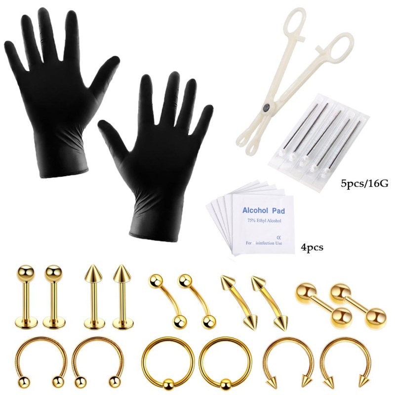 Amazon Piercing Tattoo Tool Set 28 Pieces Lip Studs Eyebrow Studs Ear Studs Body Piercing Cross-Border Exclusive Manufacturer Direct Sale