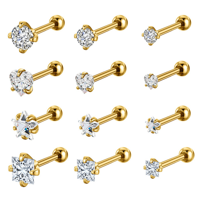 4-Pair Set New Stainless Steel Round Heart Five-Pointed Star Square Zircon Ear Bone Studs (1pcs), Earrings
