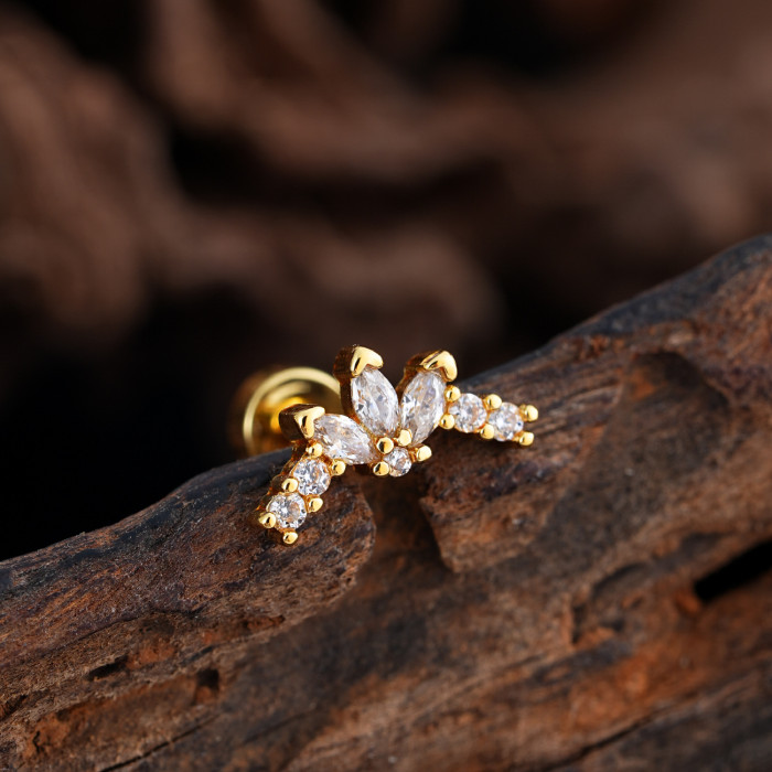 Elegant Simple Stainless Steel Zircon Ear Bone Stud Creative Fashion Real Gold Plated Ear Stud 0.8*6*4mm
