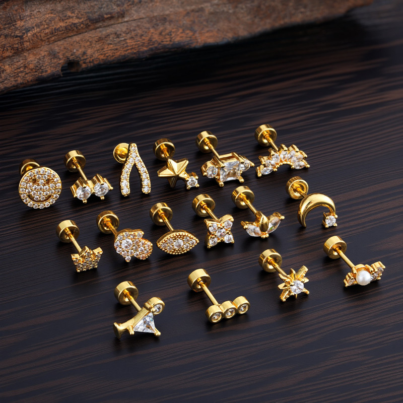 Minimalist Personality Stainless Steel Zircon Ear Bone Studs Exquisite Small Micro Inlaid Real Gold Electroplated Ear Studs 0.8*6*4mm