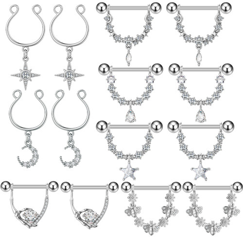 E-commerce New Five-Pointed Star Zircon Nipple Rings Fake Nipple Rings Oil Nipple Studs Factory In-Stock Piercing Jew...
