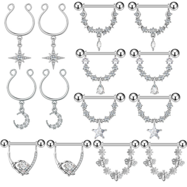 Cross-Border E-commerce New Five-Pointed Star Zircon Nipple Rings Fake Nipple Rings Oil Nipple Studs Factory In-Stock Piercing Jewelry Online