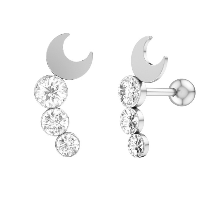 New Exquisite Fashion Three-Diamond Moon Ear Bone Stud Earrings Piercing Jewelry (1pcs)