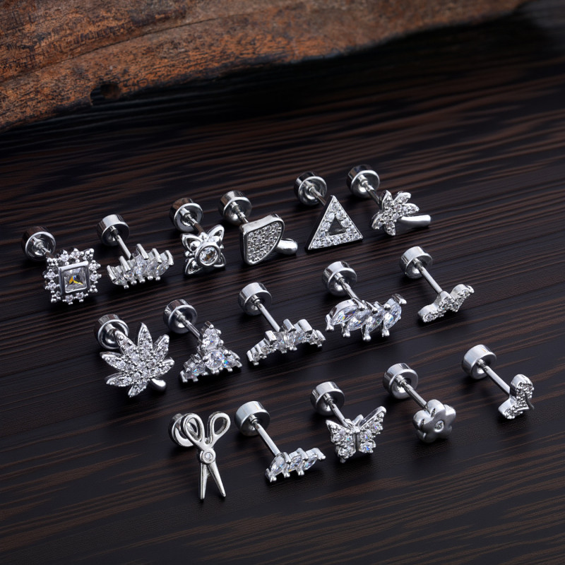 Elegant Simple Stainless Steel Zircon Ear Bone Stud Creative Fashion Real Gold Plated Ear Stud 0.8*6*4mm