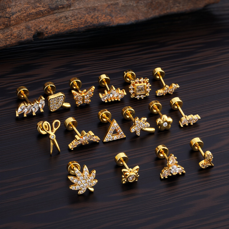 Elegant Simple Stainless Steel Zircon Ear Bone Stud Creative Fashion Real Gold Plated Ear Stud 0.8*6*4mm