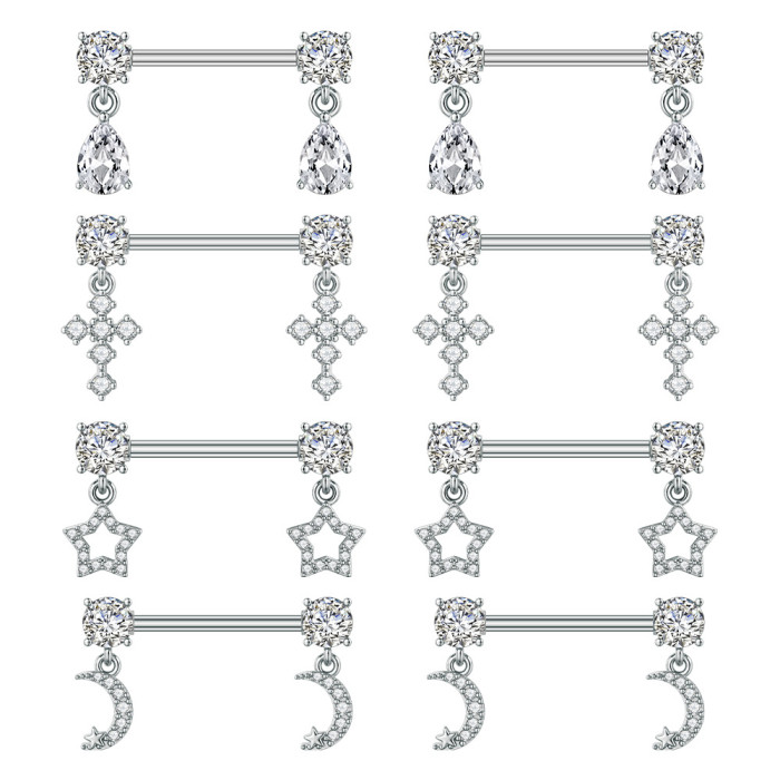 Cross-Border E-commerce New Stainless Steel Zircon Nipple Rings Water Drop Pentagram Cross Moon Zircon Nipple Studs