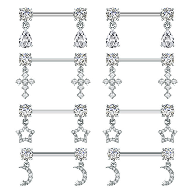 Cross-Border E-commerce New Stainless Steel Zircon Nipple Rings Water Drop Pentagram Cross Moon Zircon Nipple Studs